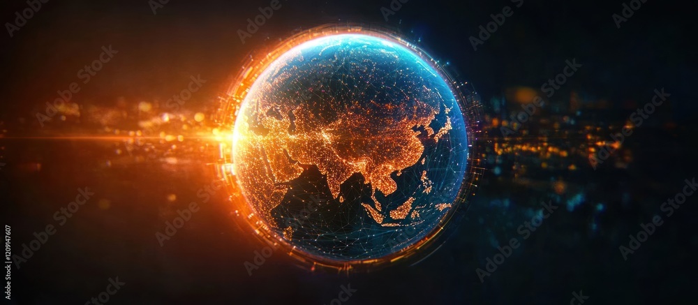 Poster futuristic digital globe with global network illuminated by sunset in cyberpunk style