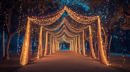 Illuminated pathway at night with fairy lights and fabric draping.