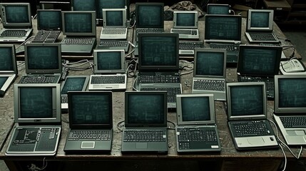Numerous Vintage Laptops and Computers on Table Old Technology Retro Computing Data Processing