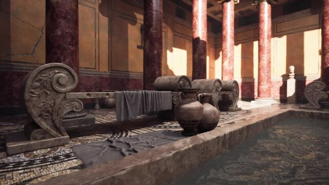 A tranquil ancient bathhouse features vibrant columns and detailed mosaics. Sunlight casts shadows on the stone benches and clay pots, evoking a sense of historic elegance and serenity.