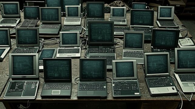 Numerous Vintage Laptops and Computers on Table Old Technology Retro Computing Data Processing