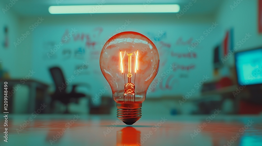 Poster an illuminated lightbulb sits in the center of a whiteboard with thoughts scrawled all around it.