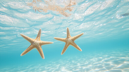 Underwater Starfish Duo: Two starfish float serenely in crystal-clear turquoise water, sunlight dappling the surface above. A captivating underwater scene perfect for summer themes. 