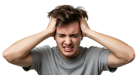 man with headache on transparent white background, clipping path