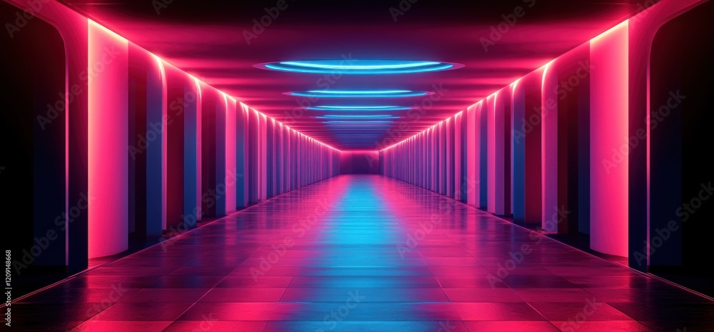 Poster Futuristic Cyberpunk Corridor with Neon Lights Reflection and Geometric Shadows in a 3D Rendering Environment