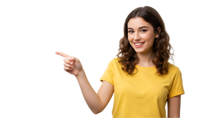 woman pointing at something on transparent white background, clipping path