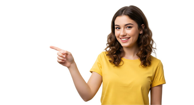 woman pointing at something on transparent white background, clipping path