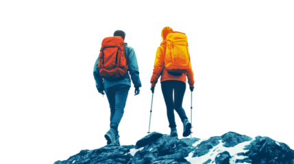 Couple hiking on a mountain trail in winter with backpacks and trekking poles isolated on transparent background