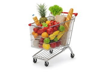 A metal shopping cart filled with a variety of fresh groceries, isolated on a white background