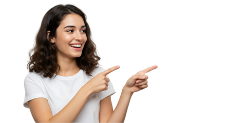 woman showing something on transparent white background, clipping path