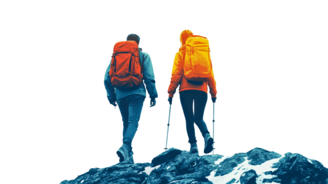 Couple hiking on a mountain trail in winter with backpacks and trekking poles isolated on transparent background