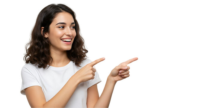 woman showing something on transparent white background, clipping path