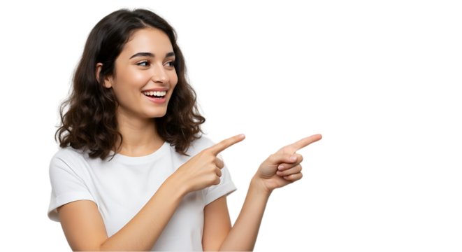 woman showing something on transparent white background, clipping path