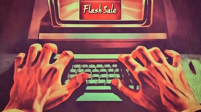 capture the excitement: dynamic close-up of fast-typing hands with 'flash sale' timer ideal for sporty interior posters and marketing visuals!