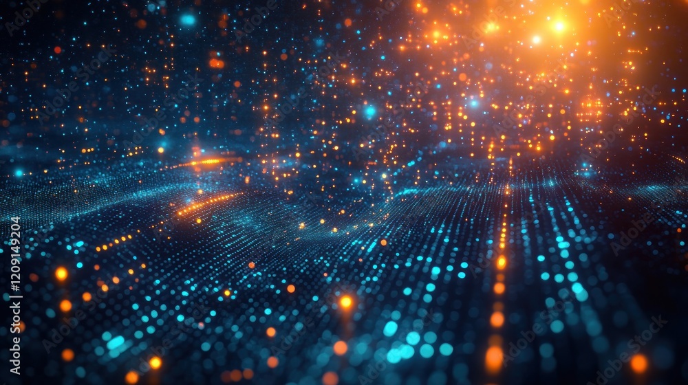 Poster futuristic cyberpunk data stream digital landscape with glowing patterns and neural network