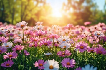 Obraz premium Vibrant Spring Meadow with Pink and White Daisies Under Warm Sunlight