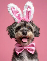 dog with easter bunny ears and bow tie on pink background. funny holiday card.
