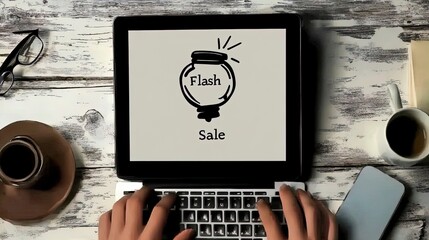 capture the excitement: dynamic close-up of fast-typing hands with 'flash sale' timer ideal for sporty interior posters and marketing visuals!
