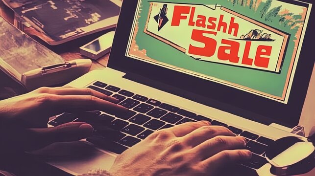 capture the excitement: dynamic close-up of fast-typing hands with 'flash sale' timer ideal for sporty interior posters and marketing visuals!