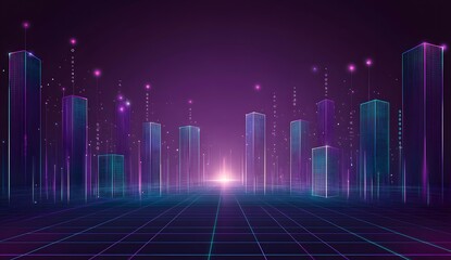 An infinite futuristic cityscape made of glowing purple and blue wire frame structures, forming digital skyscrapers, atmosphere technology