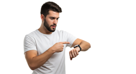 Man Checking Time on Smartwatch on transparent white background, clipping path