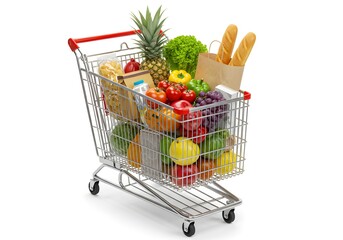 A metal shopping cart filled with a variety of fresh groceries, isolated on a white background