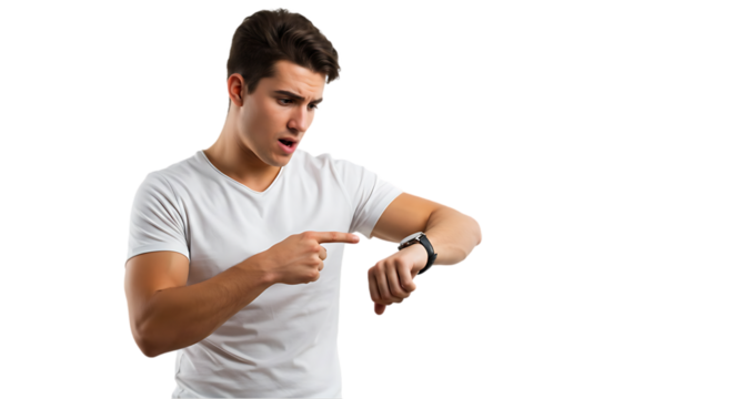 Person Pointing at Smartwatch on transparent white background, clipping path