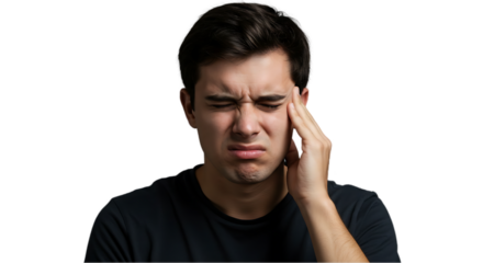 Man with Migraine Holding Head in Discomfort on transparent white background, clipping path