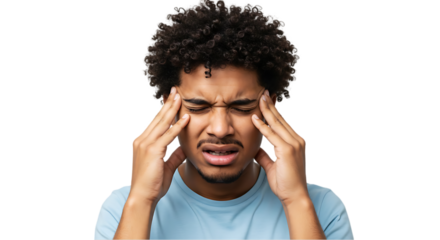 Portrait of a Man Experiencing Headache or Stress on transparent white background, clipping path