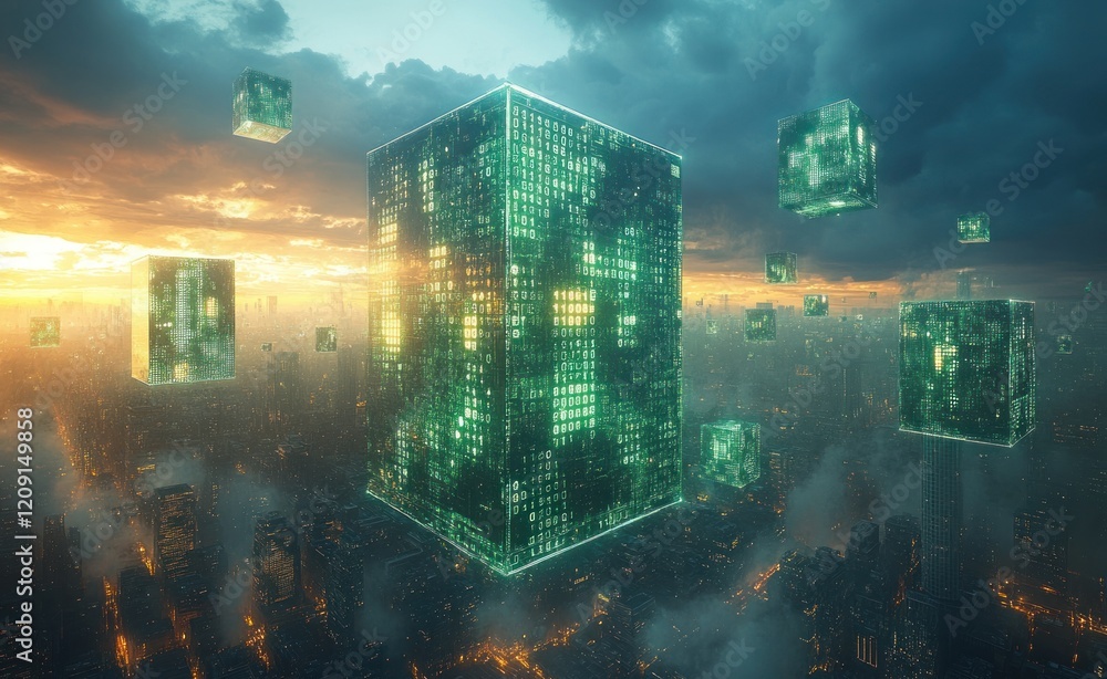Aufkleber Futuristic Digital Landscape with Floating Binary Code Cubes in Cyberpunk Style
