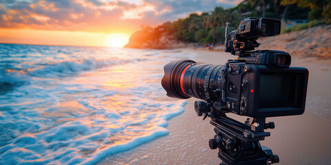 Professional cinema camera capturing vibrant sunset on tropical beach