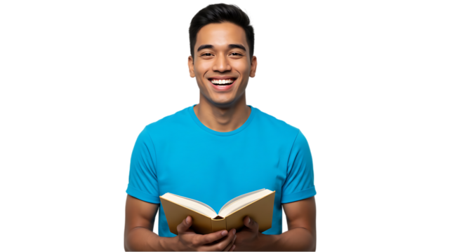 Man holding Book on transparent white background, clipping path