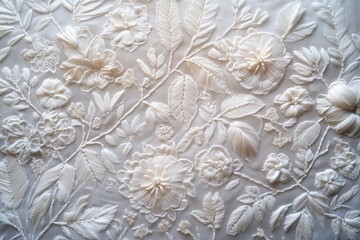 Close-up of white lace embroidery featuring floral and leaf patterns with a soft, textured backdrop.