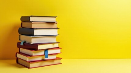 Fototapeta premium A vibrant stack of books against a sunny yellow backdrop signifies knowledge, learning, and the joy of reading.
