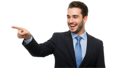 Happy Male Executive in Gray Suit Making a Pointing Gesture on transparent white background, clipping path