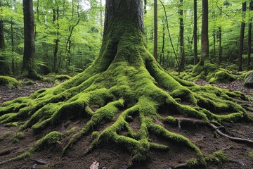 Fototapeta premium Mossy tree trunk in the forest. Green nature background. Macro shot.
