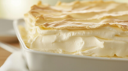 Creamy Meringue Delight: A close-up shot of a decadent dessert with layers of fluffy meringue and creamy filling. The warm tones and inviting texture create a visual feast for the senses.
