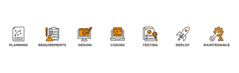 Software development life cycle banner web icon illustration concept of sdlc with icon of planning, requirements, design, coding, testing, deploy and maintenance