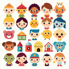 Playful and fun vector set of cartoon kids in creative and vibrant illustrations.  
