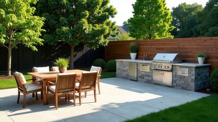 Relaxing Backyard Oasis Featuring Modern Outdoor Kitchen and Dining Set
