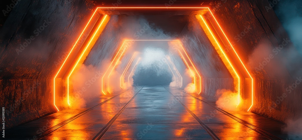 Poster futuristic neon light corridor with angular walls and glossy floor in cyberpunk design