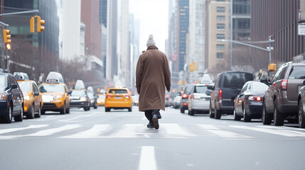 Solitude in the City:  A lone figure, clad in a brown coat and a white hat, walks confidently through a bustling city street,  the blur of traffic highlighting the solitude of their journey. 