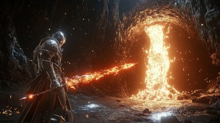 Knight, fiery sword, lava cave, fantasy game background.
