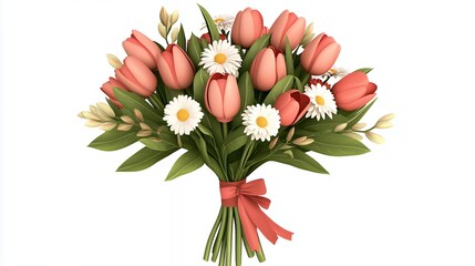 Obraz premium Vibrant Bouquet of Tulips and Daisies with Decorative Ribbon