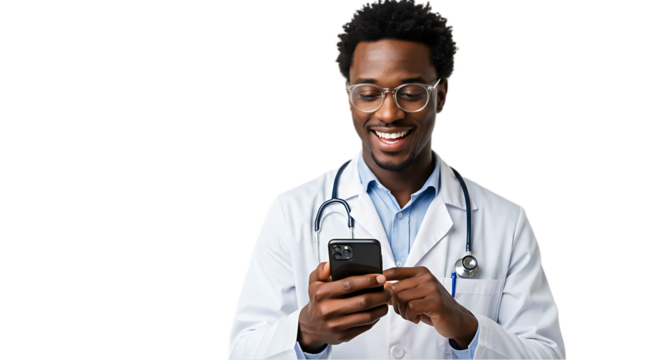 Healthcare Professional Checking Phone on transparent white background, clipping path - Powered by Adobe