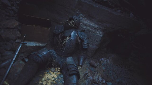 In a dimly lit cave, a long dead knight rests among gold coins and relics. The knights skeletal remains are clad in rusted armor, suggesting a tragic past filled with adventure and danger.