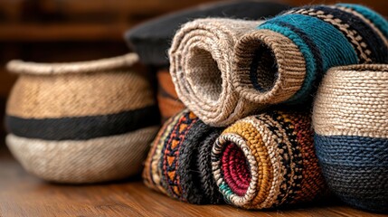 A pile of colorful woven baskets and baskets on a wooden surface.