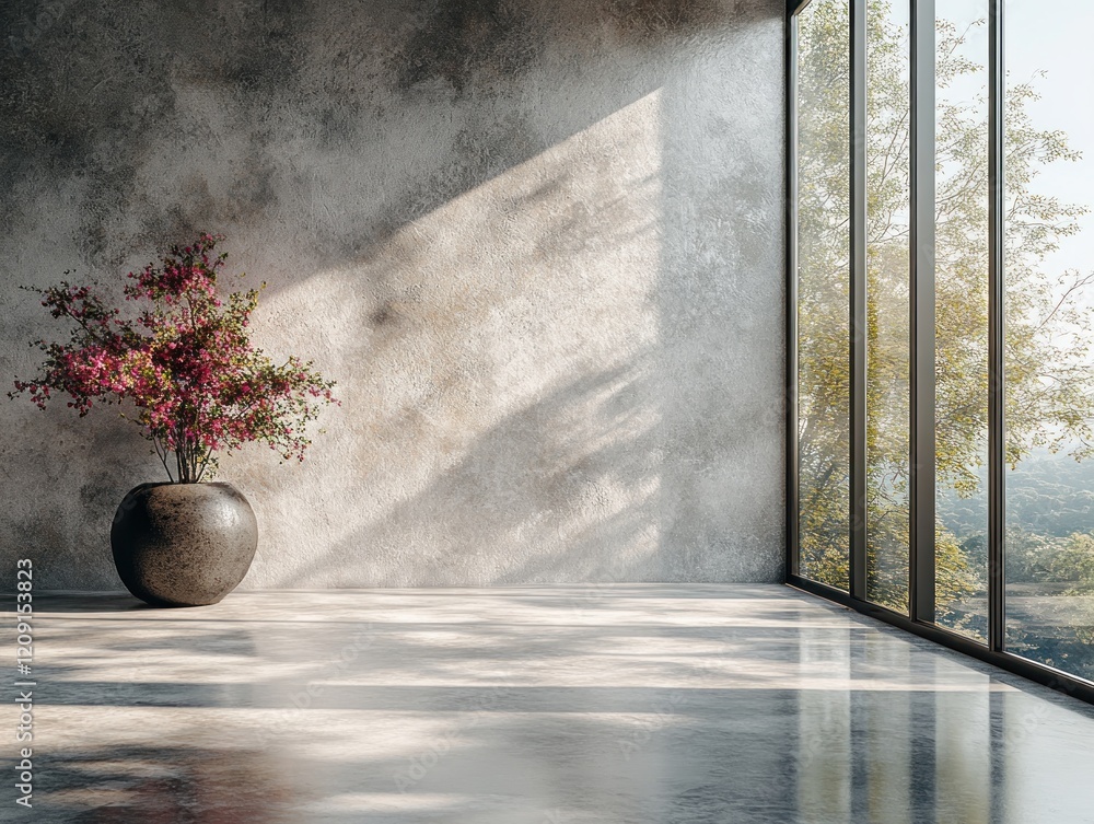 Poster modern minimalistic loft space with polished concrete floor and large windows