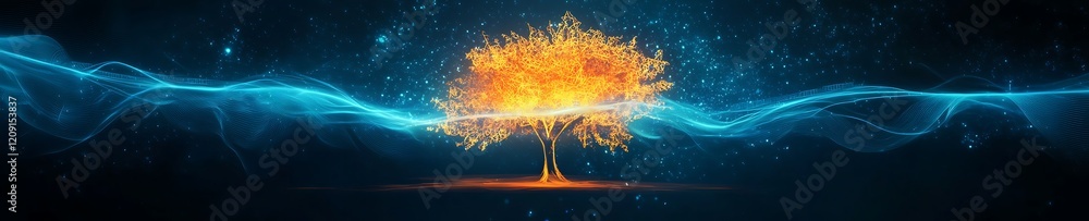 Poster an imaginative digital representation of a tree, symbolizing growth and connection in a cosmic lands