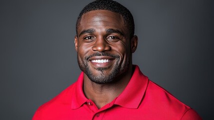 Obraz premium Smiling African American man in a red polo shirt posing for a professional studio portrait against a dark grey background.